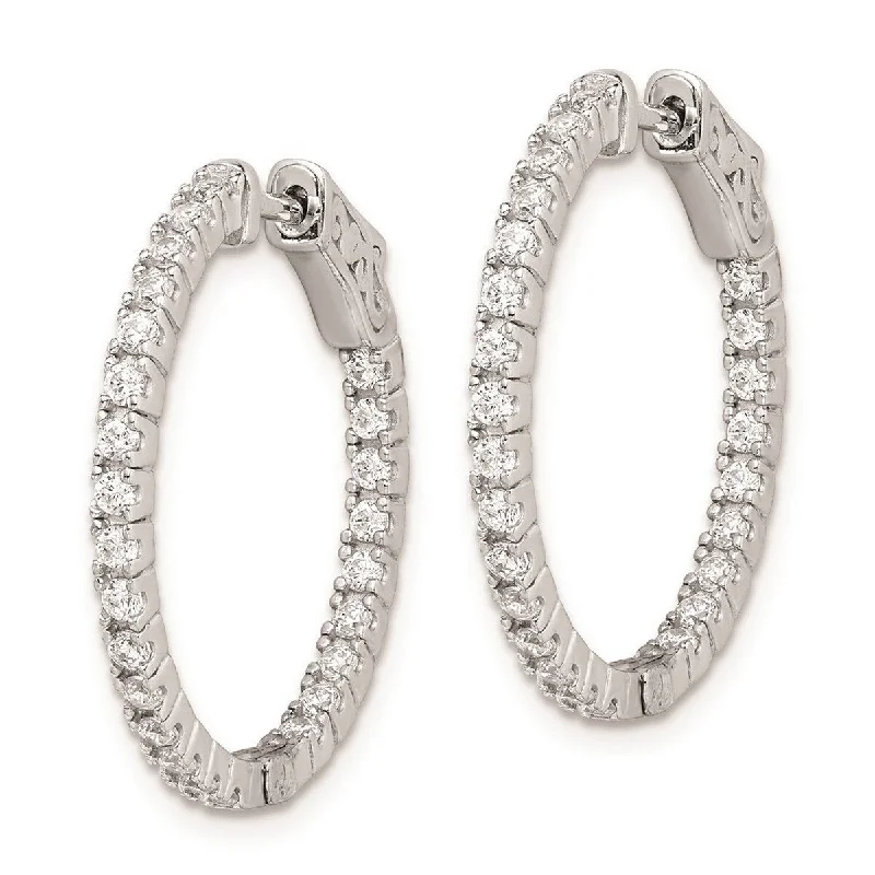 Curata 925 Sterling Silver Polished Safety clasp Rhodium Plated With CZ Cubic Zirconia Hinged Hoop Earrings