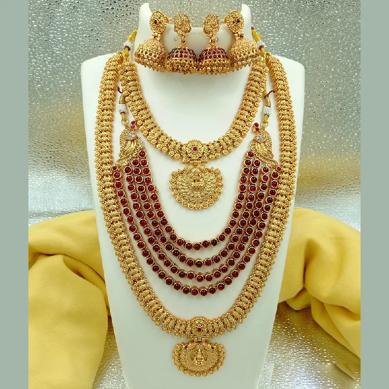 Joyful Jewel Art Matte Gold Plated Pota Stone Temple Long Necklace Combo