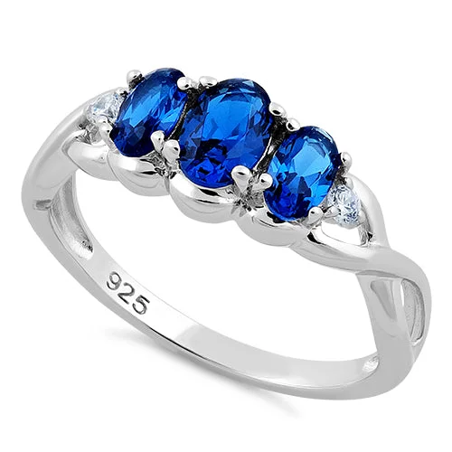 Sterling Silver 3-Stone Oval Blue CZ Ring