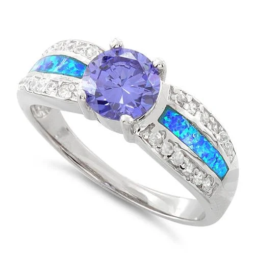 Sterling Silver Lab Opal Round Tanzanite CZ Ring