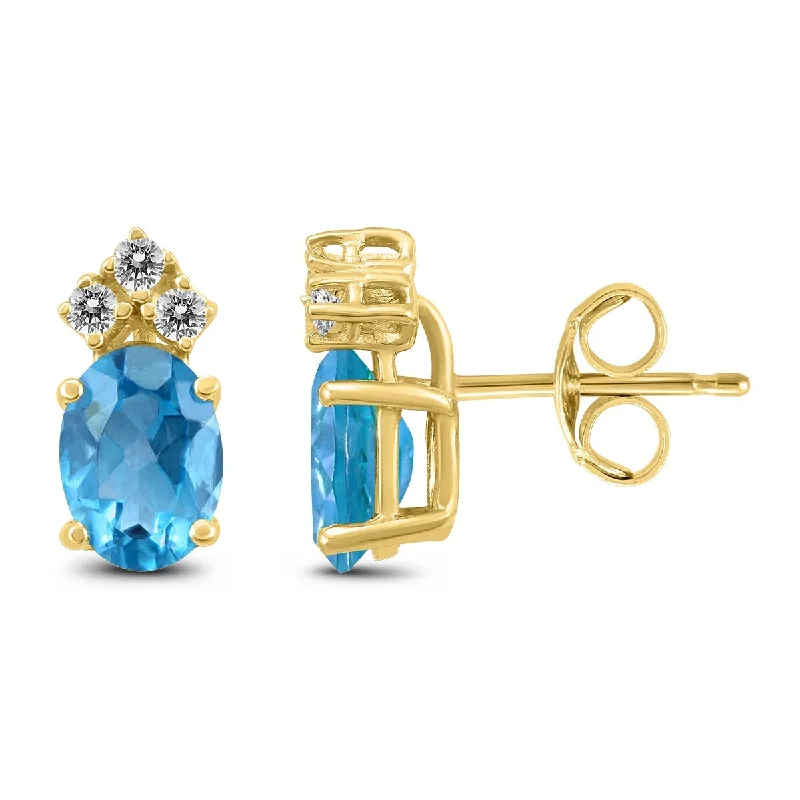 Marquee 14K Yellow Gold 6x4MM Oval Blue Topaz and Diamond Earrings