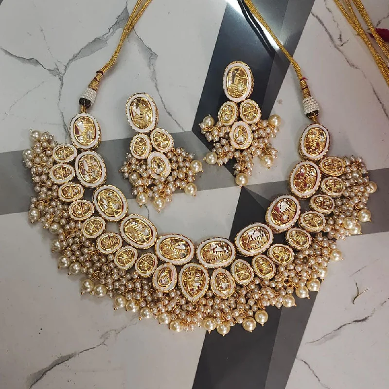 FS Collection Gold Plated Crystal Stone And Pearls Necklace Set