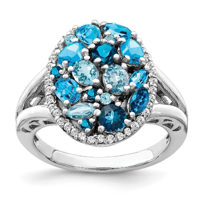 Curata 925 Sterling Silver Light Swiss Blue Topaz and Diamond Ring