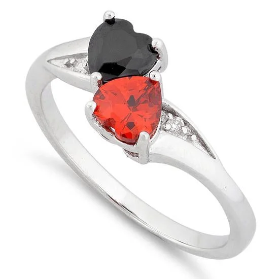 Sterling Silver Double Heart Black & Garnet Topaz CZ Ring