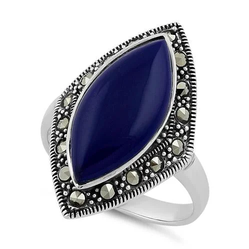 Sterling Silver Marquise Blue Lapis Marcasite Ring