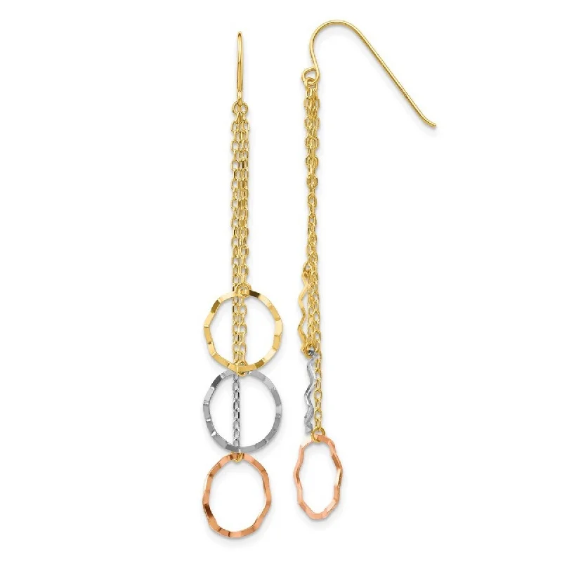 Curata Solid 14K Tri-Color Gold Hammered Circle Drop Hook Earrings (10mmx63mm) - Orange