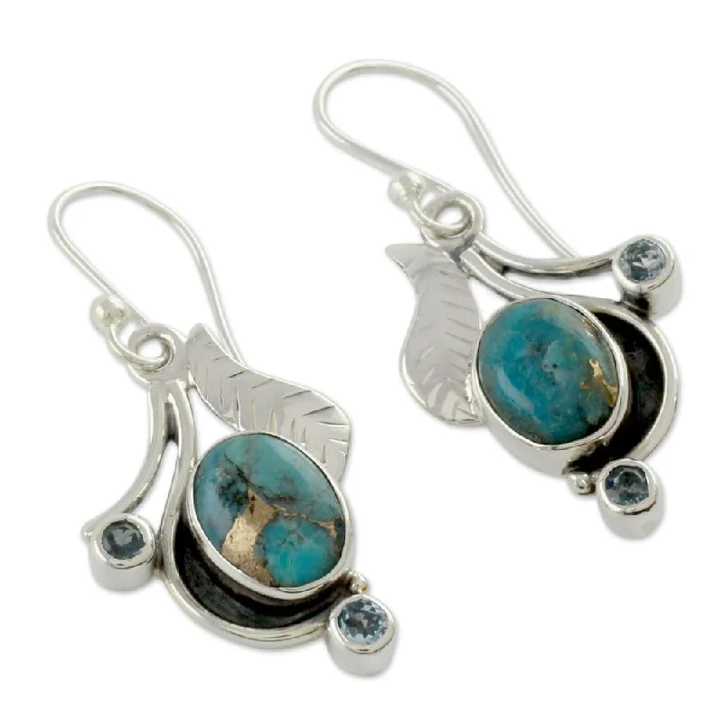 Blue Topaz Earrings, 'Dew Blossom' (India) - 1.6L*0.7W