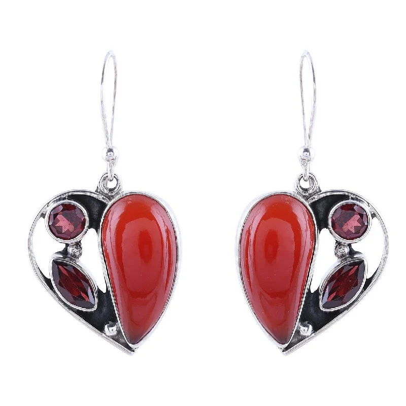 NOVICA Red Hearts, Carnelian and garnet dangle earrings - 1.5*0.8