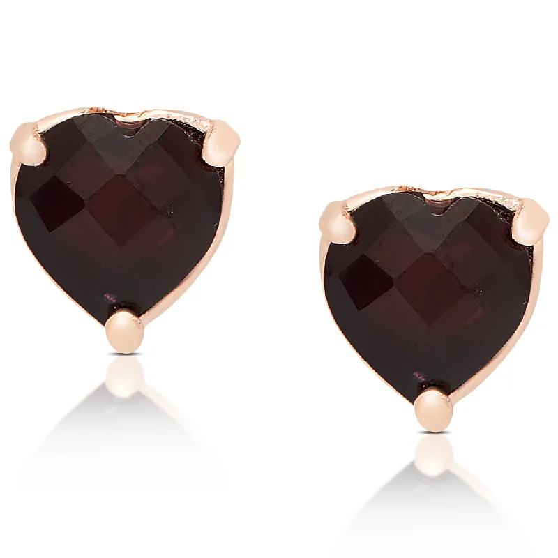 Dolce Giavonna Rose Gold Over Sterling Silver Garnet Heart Design Stud Earrings