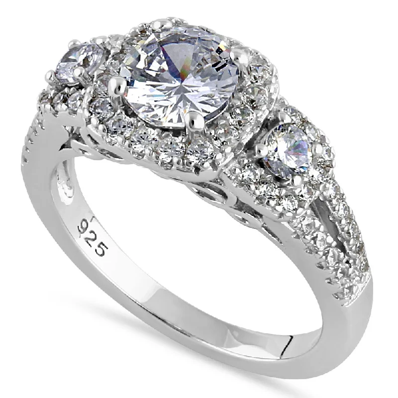 Sterling Silver 1.0 ct. Halo 3-Stone CZ Engagement Ring