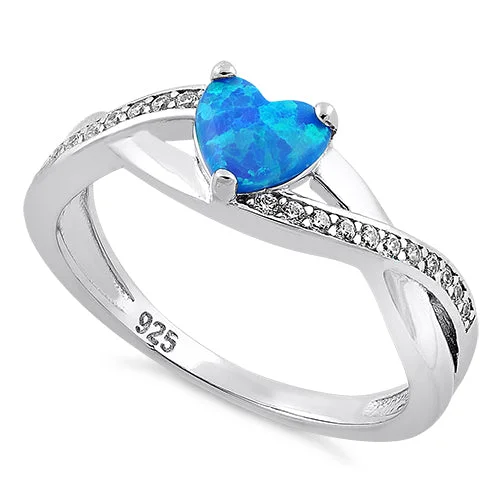 Sterling Silver Blue Lab Opal Heart String CZ Ring