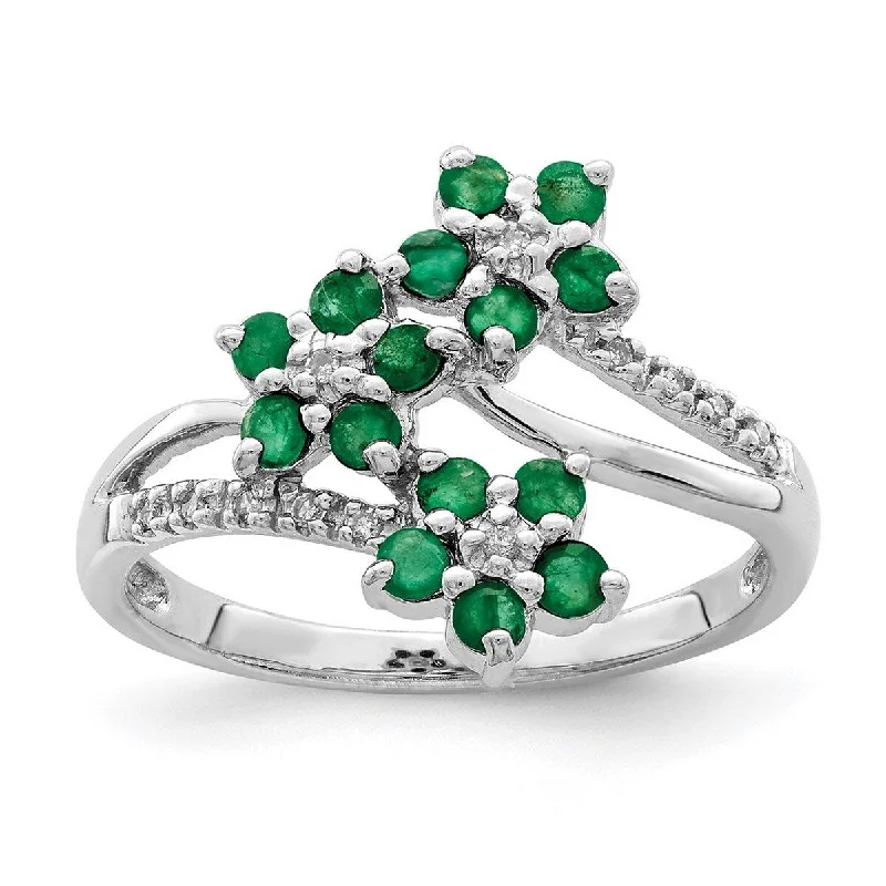 Curata 925 Sterling Silver Polished Open back 3 Flower Emerald and Diamond Ring