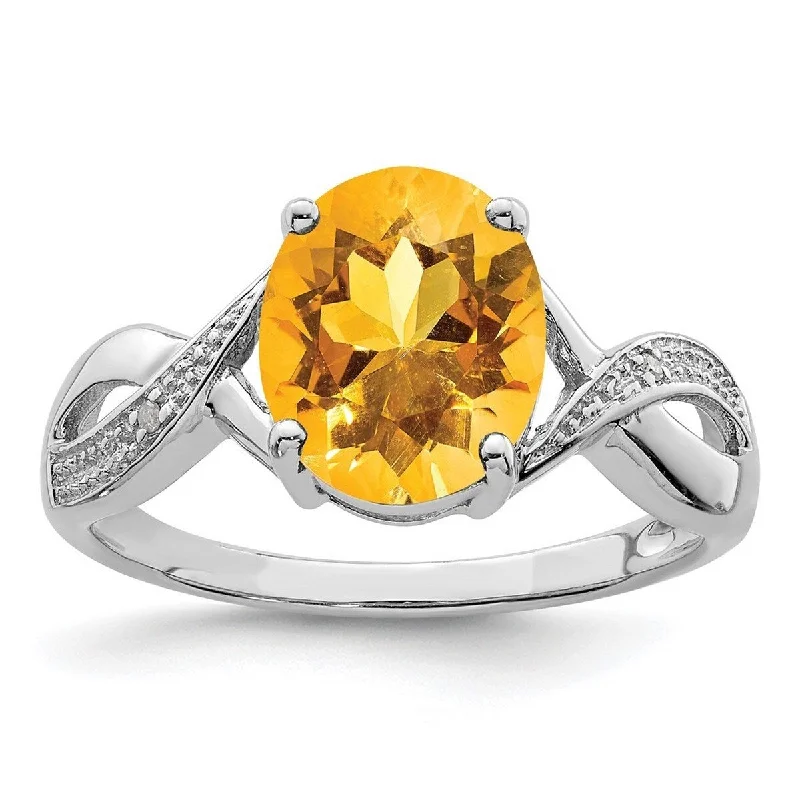 Curata 925 Sterling Silver Polished Open back Rhodium Citrine and Diamond Ring