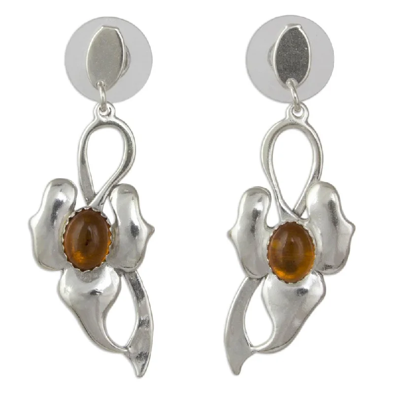 Handcrafted Sterling Silver 'Honeyed Leaf' Amber Earrings (Mexico) - 48mmL*15mmW