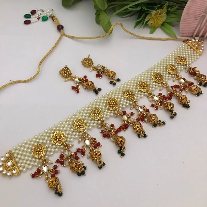 FS Collection Gold Plated Kundan Stone And Pearls Choker Necklace Set