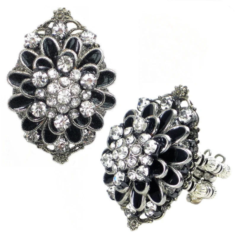 #831r Black Enamel & Crystal Rhinestone Floral & Filigree Ring