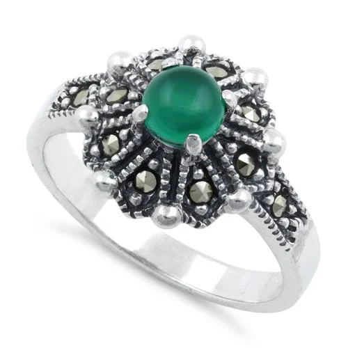 Sterling Silver Round Green Agate Flower Marcasite Ring