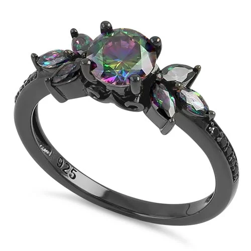 Sterling Silver Black Rhodium Flower Leaves Rainbow CZ Ring