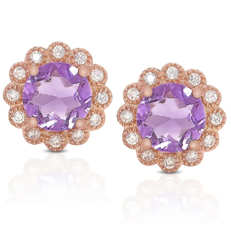 Dolce Giavonna Rose Gold Overlay Cubic Zirconia and Amethyst Flower Design Earrings