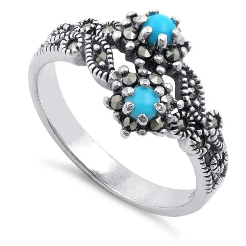 Sterling Silver Simulated Turquoise Double Flower Marcasite Ring