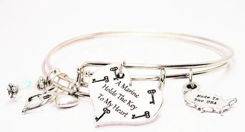 A Marine Holds The Key To My Heart Expandable Bangle Bracelet Set