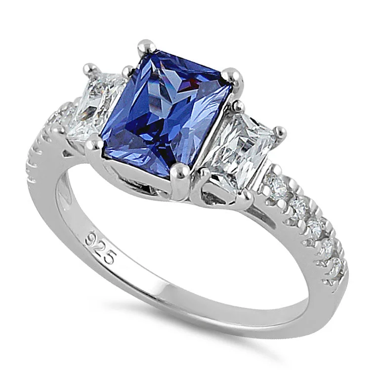 Sterling Silver 3-Stone Tanzanite-tone CZ Ring