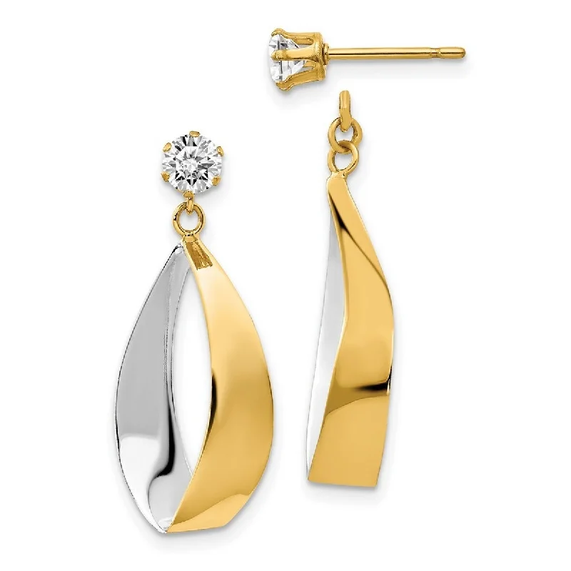 Curata 14k Yellow Gold Oval Dangle Jacket Rhodium and CZ Cubic Zirconia Earrings