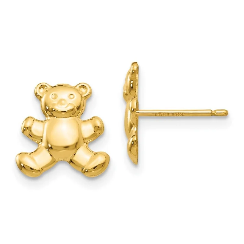 Curata Solid 14k Yellow Gold Italian Polished Teddy-bear Post Stud Earrings (11mmx10mm) - White