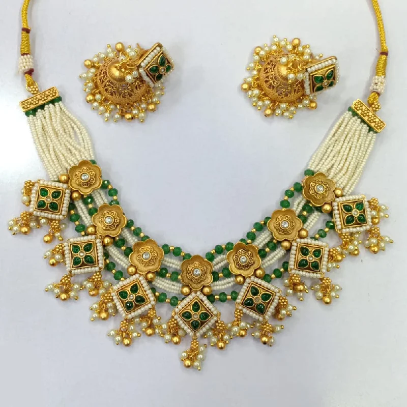 JCM Gold Plated Pota Stone And Pearls Necklace Set