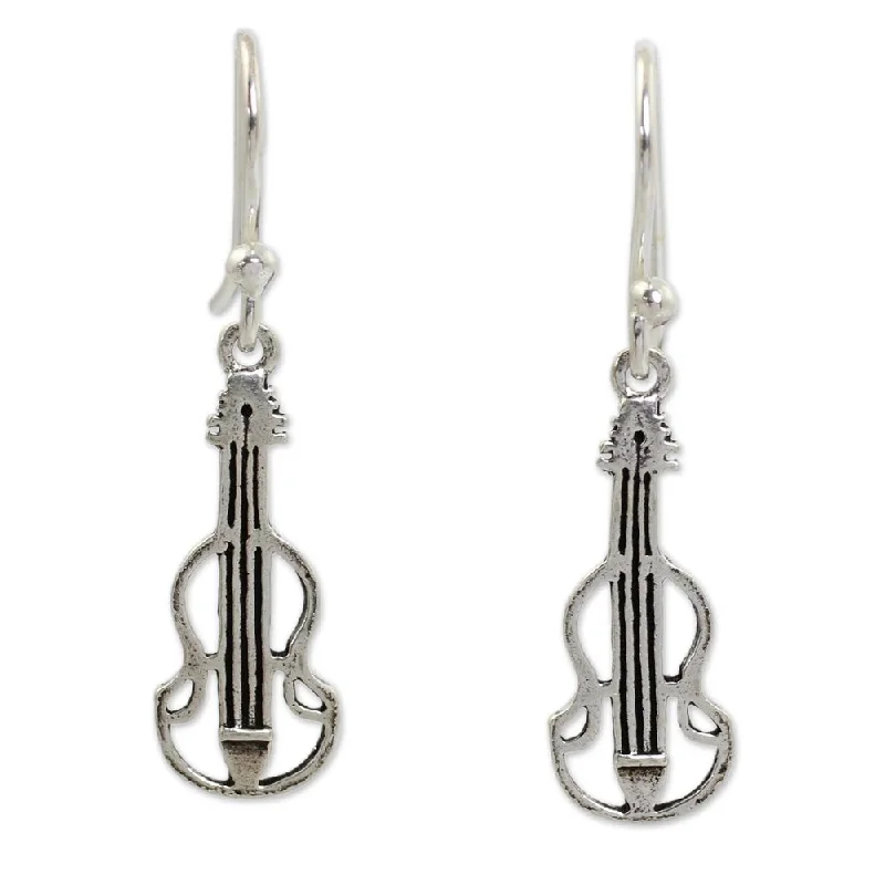 NOVICA Handmade Sterling Silver Thai Violin Earrings (Thailand)