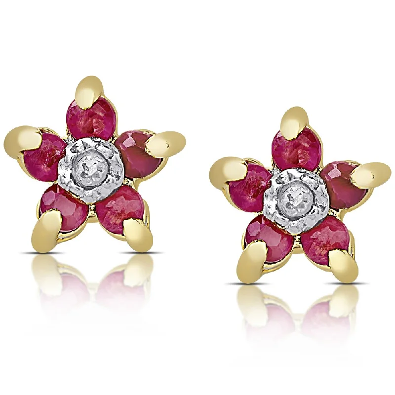 Dolce Giavonna Gold over Sterling Silver Ruby and Diamond Accent Stud Flower Earrings