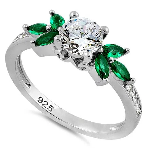 Sterling Silver Flower Leaves CZ Ring