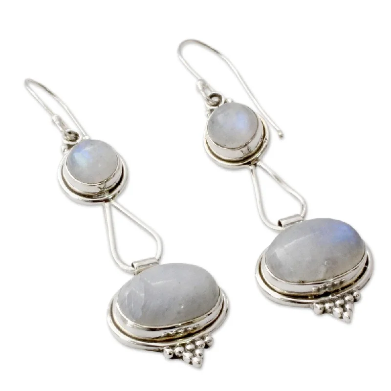 Handmade Oval Drop Moonstone Earrings (India) - Silver/Purple Beads