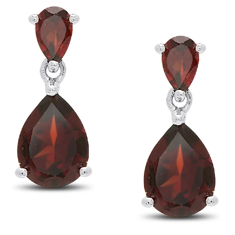 Dolce Giavonna Sterling Silver Garnet Teardrop Dangle Earrings