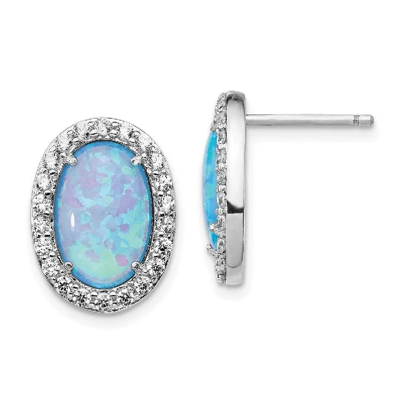 Curata Cheryl M 925 Sterling Silver Cubic Zirconia Lab Simulated Blue Opal Post Earrings - 16x11.98mm