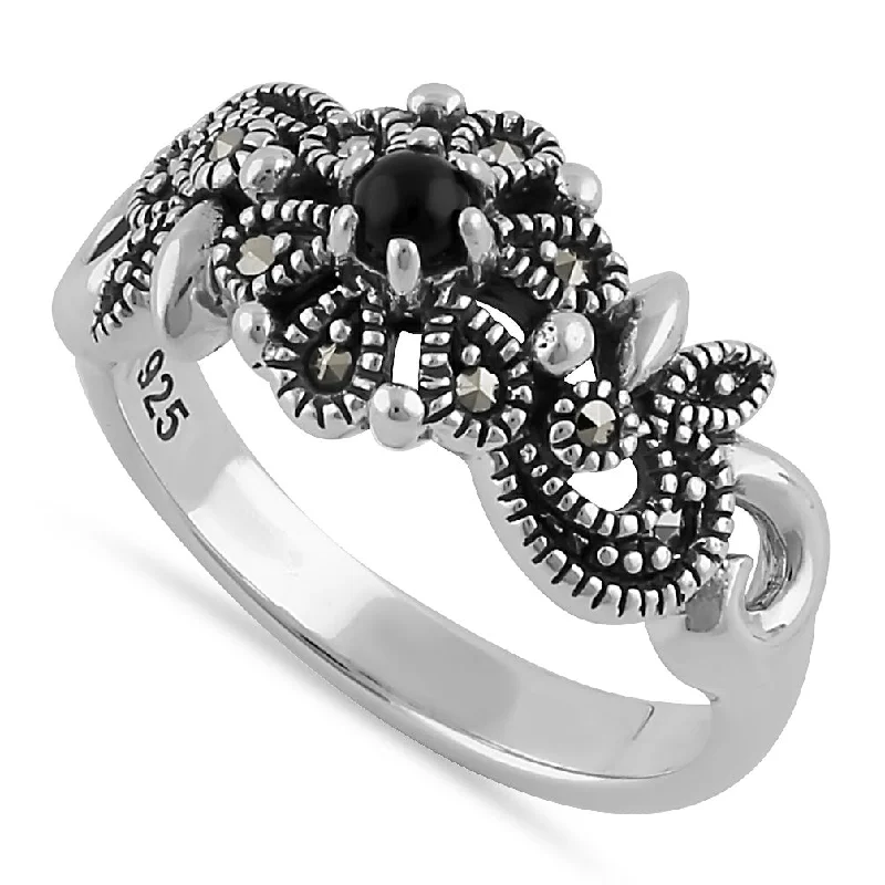 Sterling Silver Nature Inspired Round Black Onyx Marcasite Ring