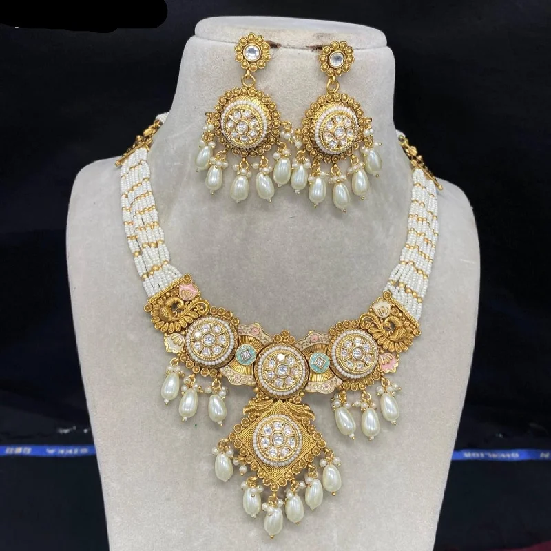 Amoliya Jewels Gold Plated Polki Kundan And Pearl Beads Necklace Set