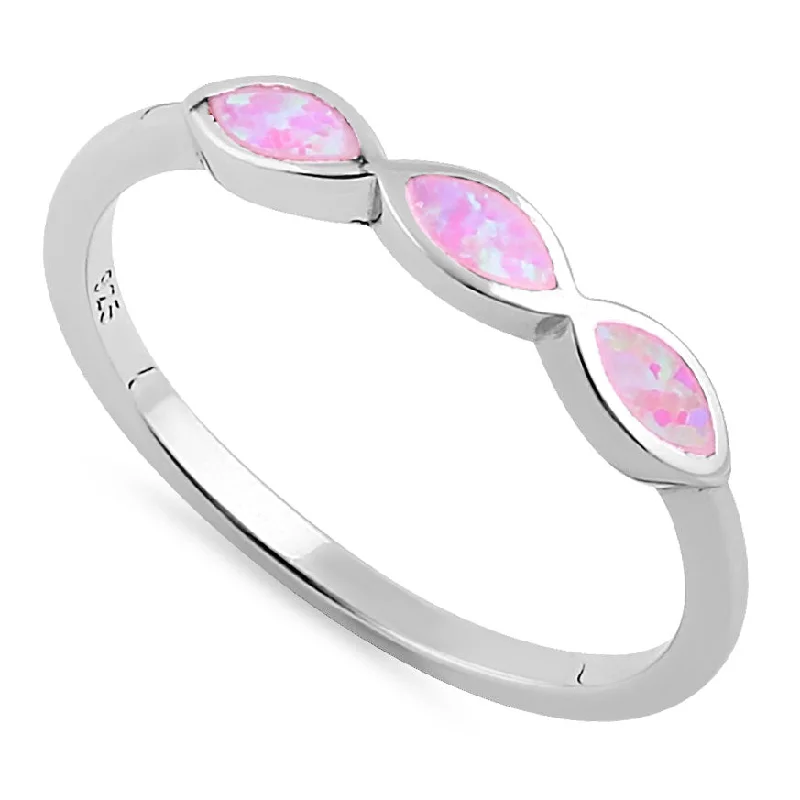 Sterling Silver Triple Marquise Pink Lab Opal Ring