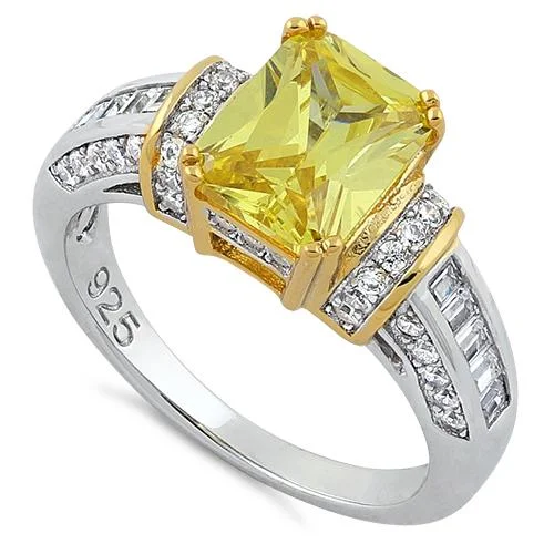 Sterling Silver Gold-Plated Emerald-Cut Yellow CZ Ring