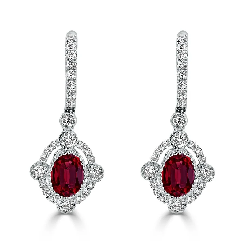 Auriya 2 1/5ct Fancy Oval-cut Red Ruby Halo Diamond Dangle Earrings 7/8ctw 18k Gold