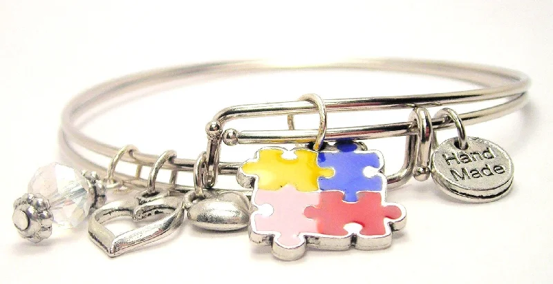 Autism Puzzle Pieces Hand Painted Expandable Bangle Bracelet Set