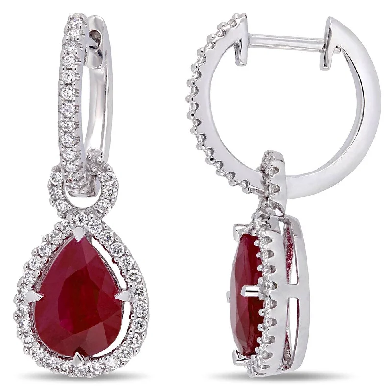 Miadora 14k White Gold Ruby & 2/5ct TDW Diamond Teardrop Halo Earrings