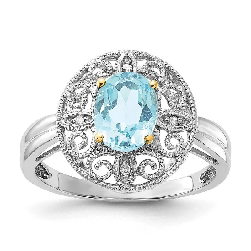 Curata 925 Sterling Silver and 14K Sky Blue and Diamond Ring Measures 2x8mm