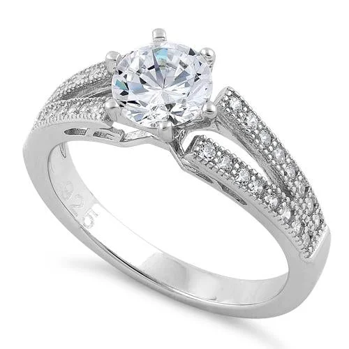 Sterling Silver Double V Engagement Clear CZ Ring