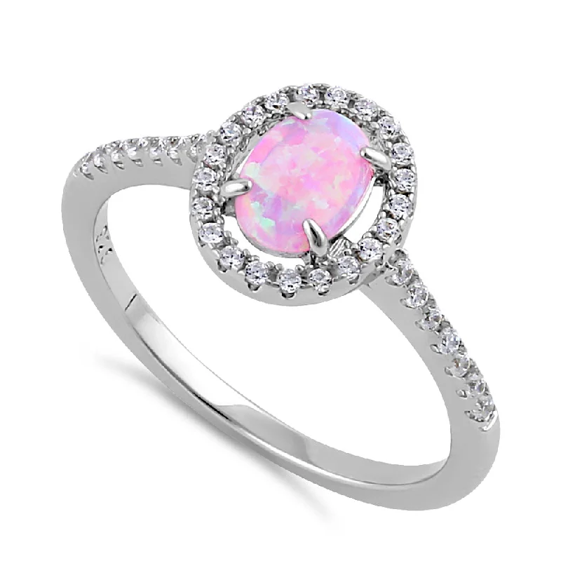 Sterling Silver Pink Lab Opal and Clear CZ Oval Halo Ring