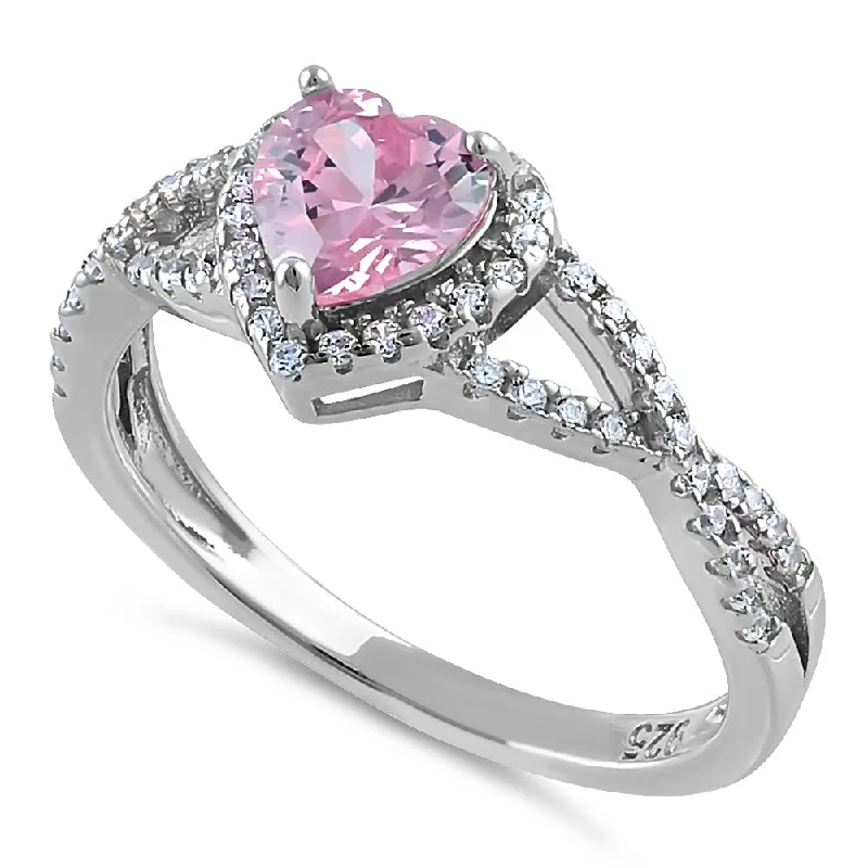 Sterling Silver Heart Halo Twist Pink CZ Ring