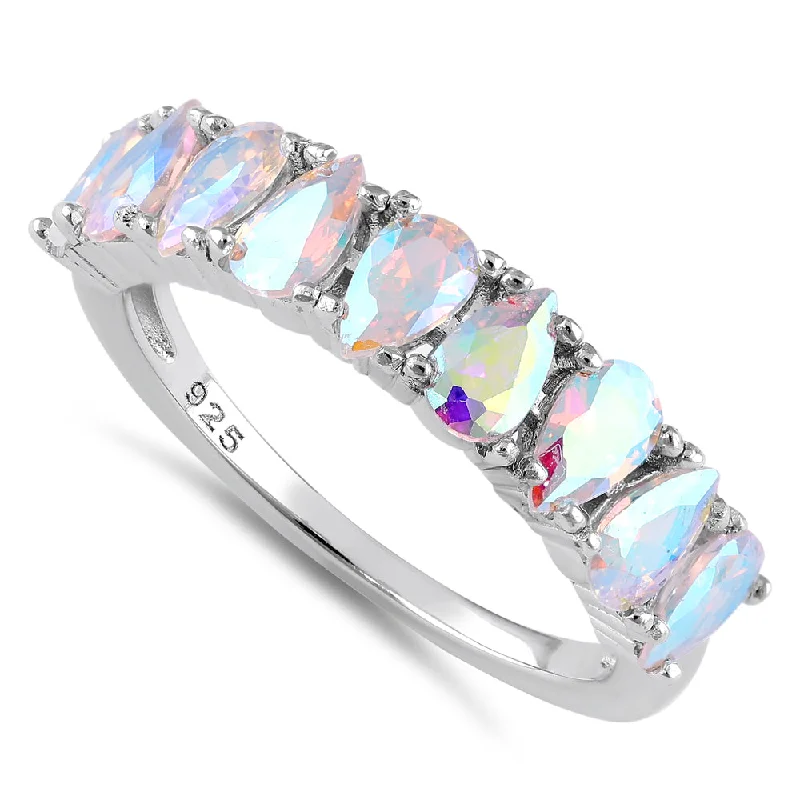 Sterling Silver Pear-shape Iridescent Rainbow CZ Ring