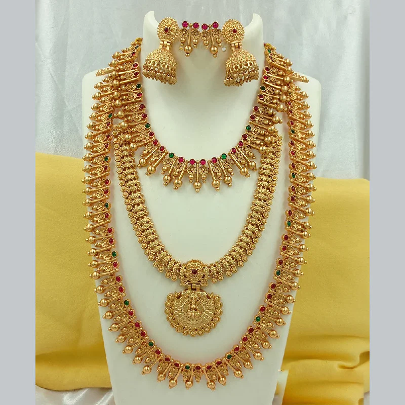 Joyful Jewel Art Matte Gold Plated Pota Stone Temple Long Necklace Combo