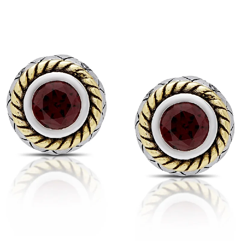 Dolce Giavonna Sterling Silver Garnet Circle Stud Earrings