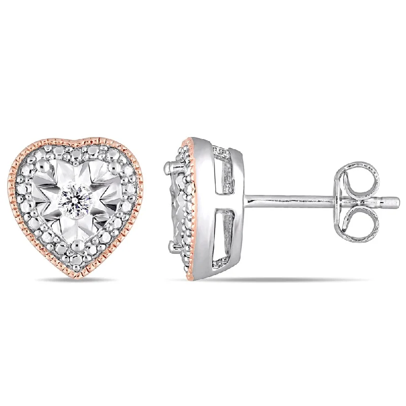 Miadora 2-Tone Rose Plated and White Sterling Silver 1/10ct TDW Diamond Heart-Halo Stud Earrings